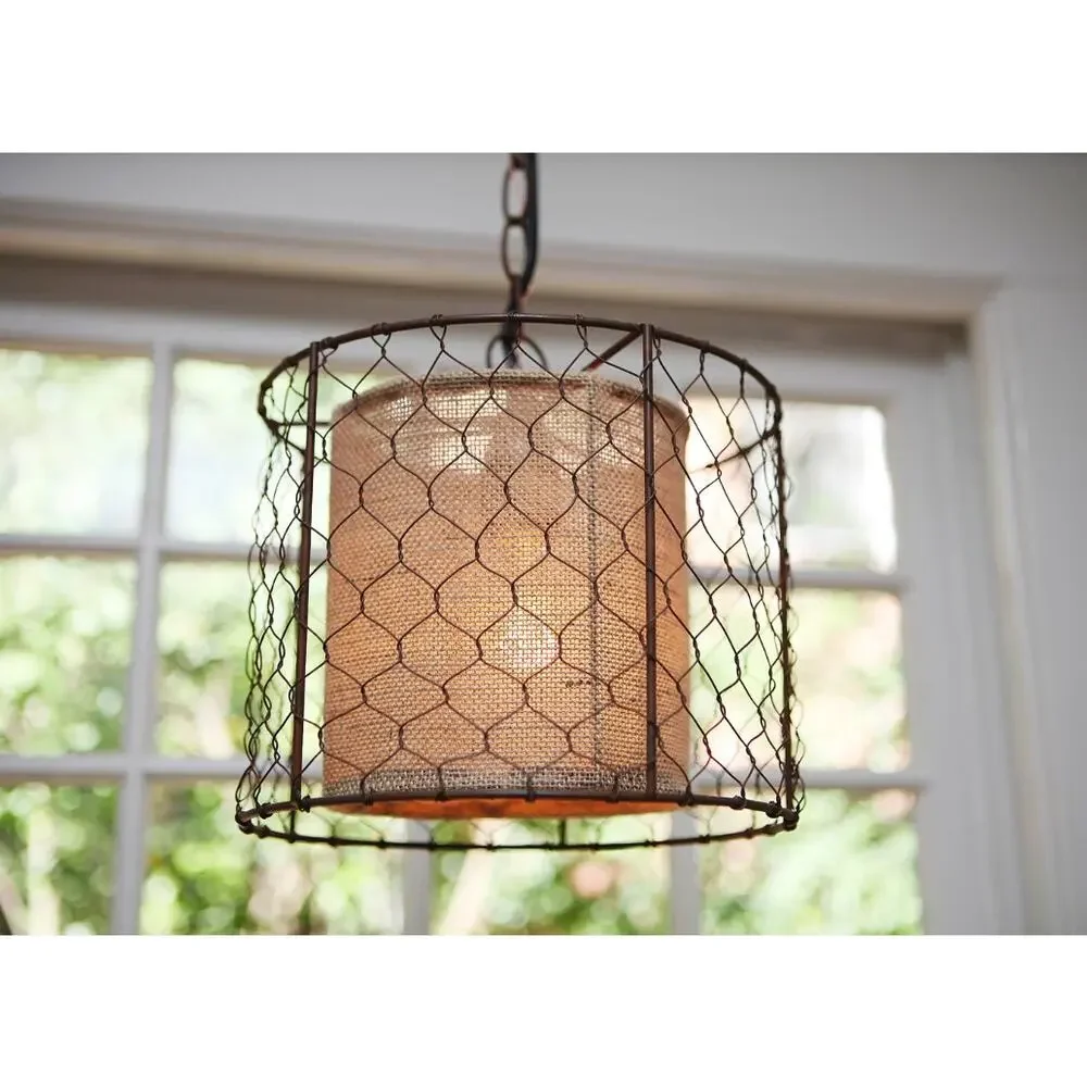Farmhouse Pendant Light Lamp Rustic Chicken Wire Shade with Burlap Center‎ Brown